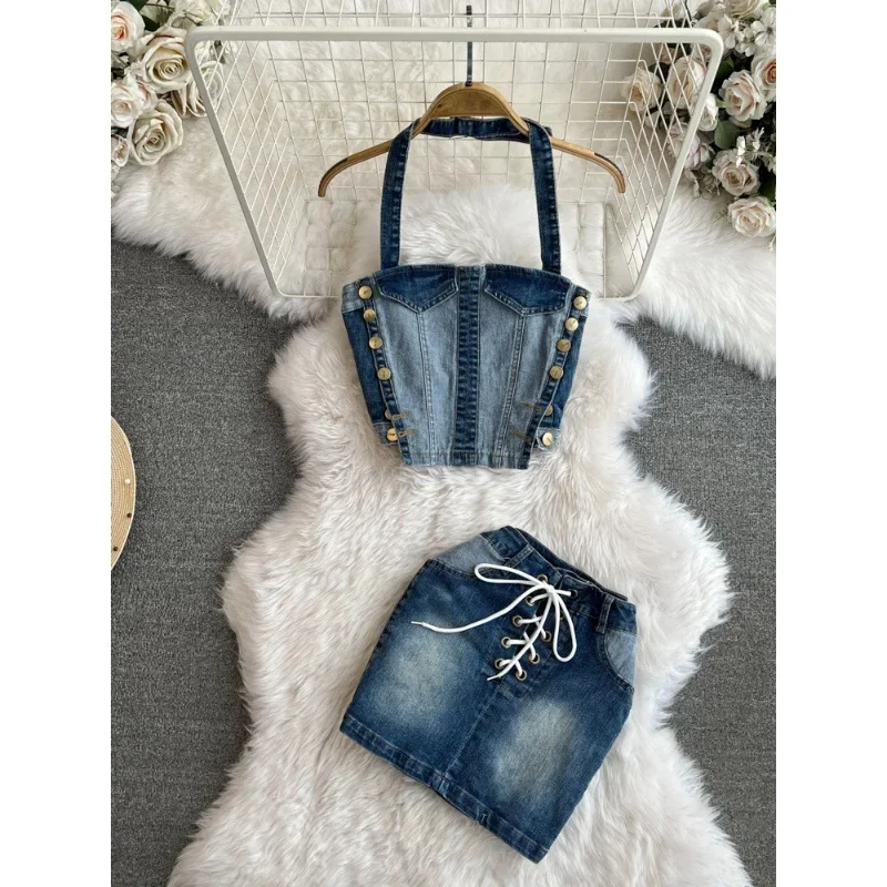 

Women Lace Up Jean Denim Bodycon Mini Skirt Sets and Halter Strapless Top Two 2 Piece Set Sexy Party Outfit 2024 Summer