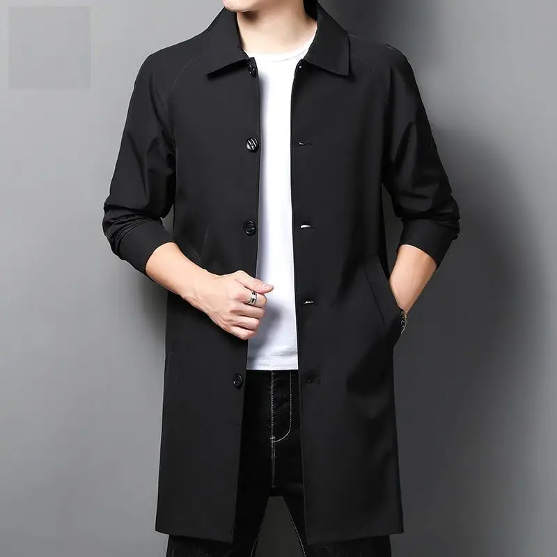 

Spring Autumn New Solid Color Turn-down Collar Long Sleeve Windbreaker Man High Street Casual Mid-length Button Pocket Cardigan