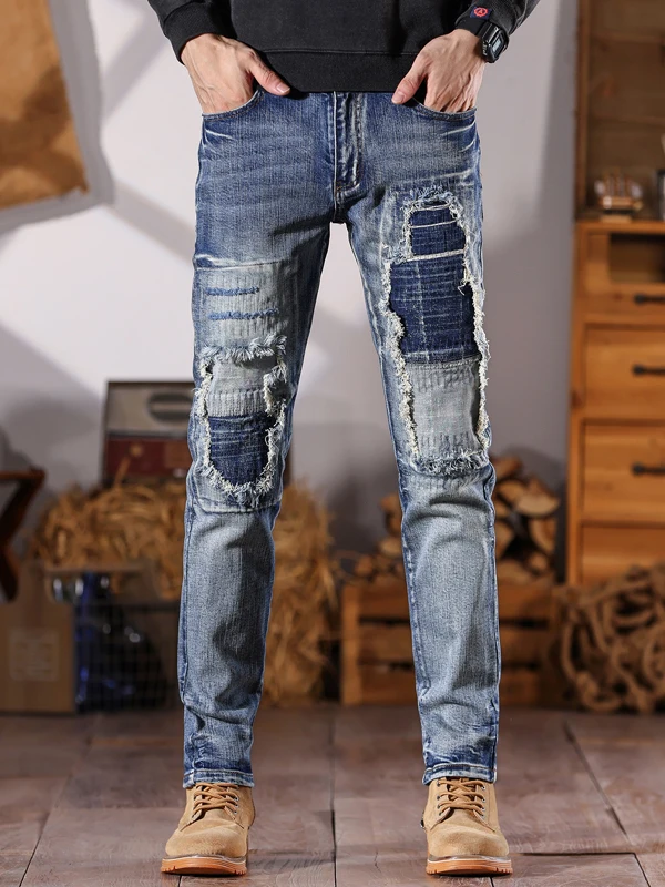 

Retro Patchwork Men's Jeans Autumn Winter New Sle Elastic Slim Fit Biker Casual Long Pants Wear Resistant Middle Waist Zipper