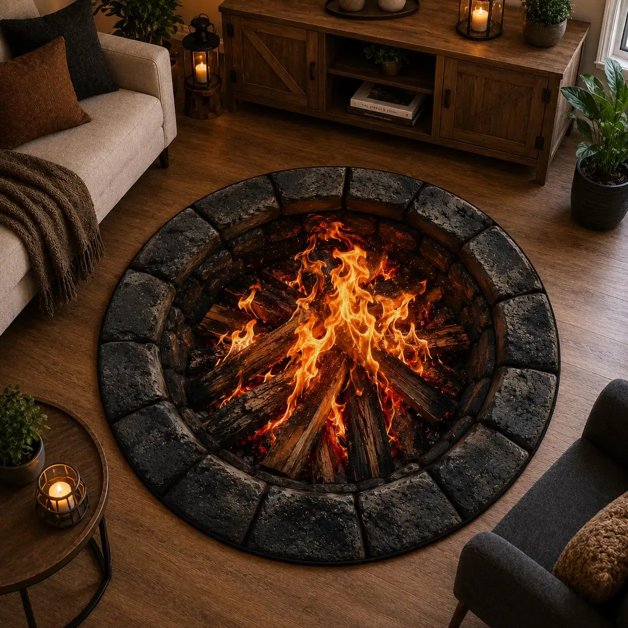 Burning Campfire Pit Round Rug Home Decor Entrance Cloakroom Study Room Bedroom Living Room Floor Mat Area Rug House Mat