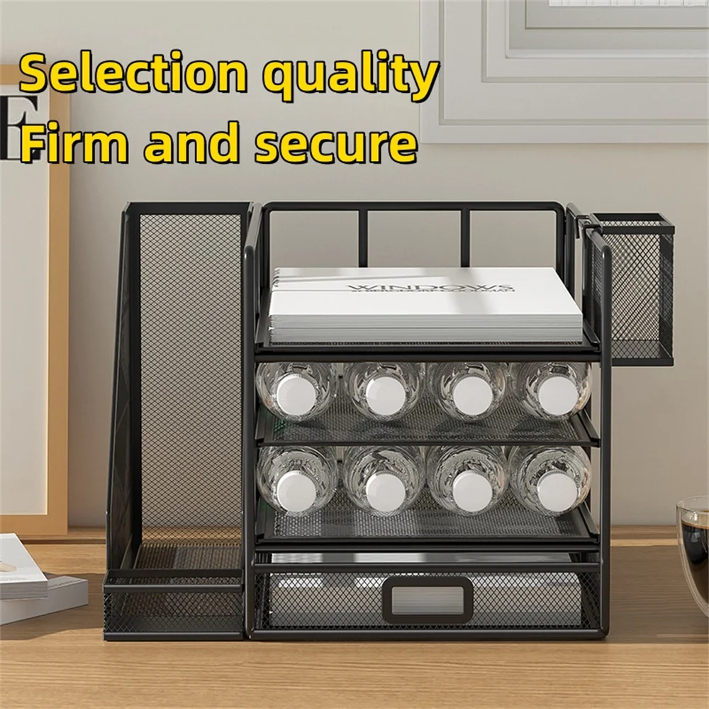 Desk Organizer With File Holder, 4-TIER Letter Tray Organizer With Sliding Drawer And 1 Pen Holder, Metal Mesh Desktop Organizer