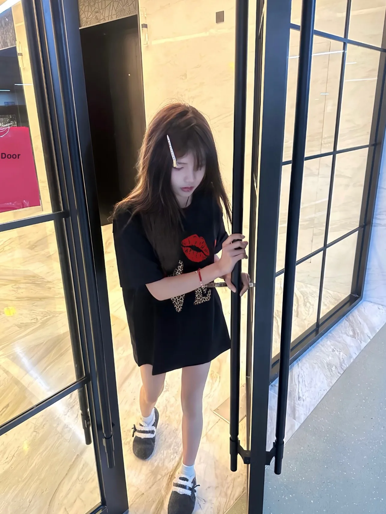 Loose Fit Leopard Print Lip Stamp Short Sleeve round Neck T-Shirt Women's Summer Casual Style mid Length Top