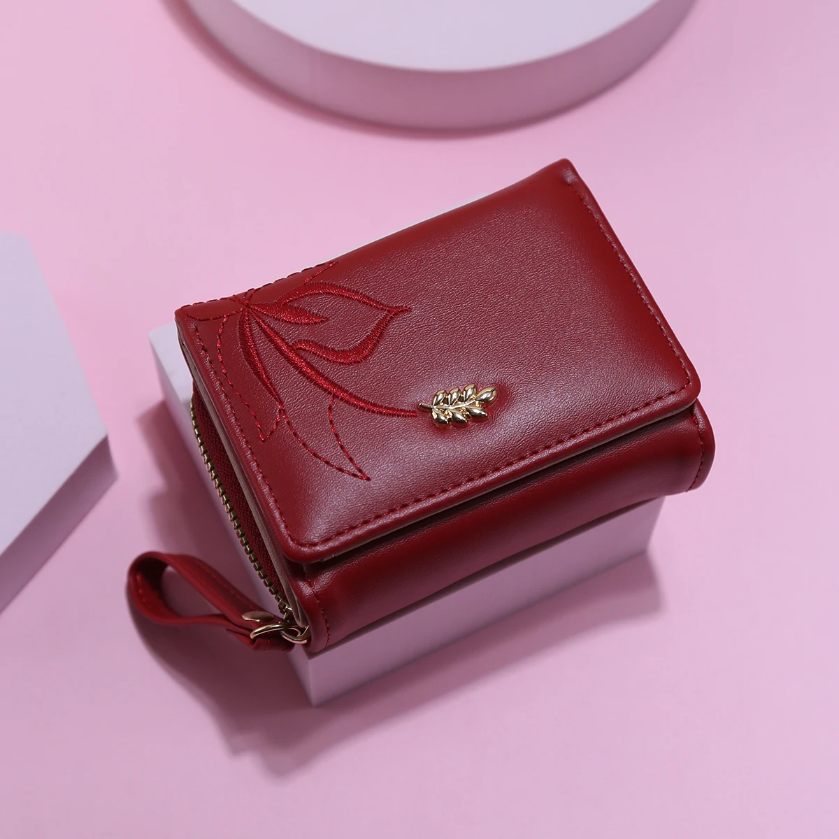 Ladies Compact Tri-Fold Embroidered Wallet Large Capacity Multi-Card Short Wallet Stylish Coin Purse