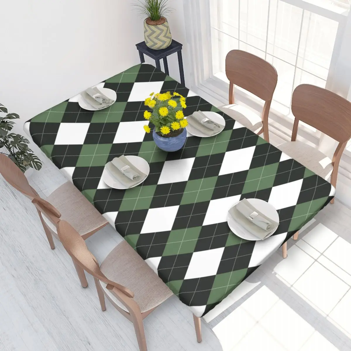 Custom Green And Black Argyle Pattern Rectangular Tablecloth Oilproof 4FT Table Cloth Table Covers