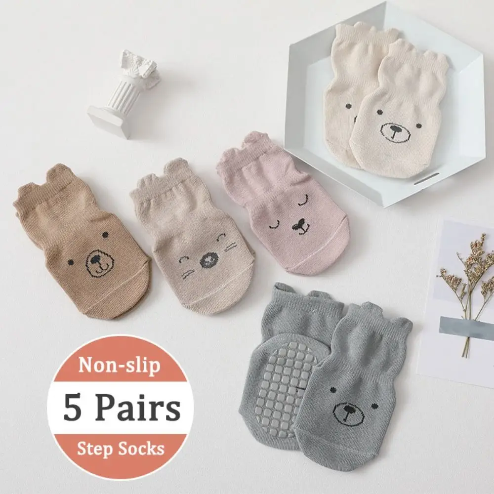 5 pares de calcetines de algodón antideslizantes con orejas de oso a la moda para otoño y primavera, calcetines de dibujos animados para niños, bonitos calcetines de tubo cortos transpirables para niños