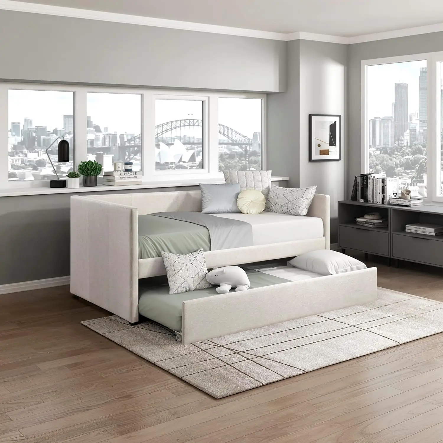 Upholstered Daybed Textured Fabric Twin Day Bed Frame with Backrest and Wood Slat Support Daybed Sofa Bedpromote sales