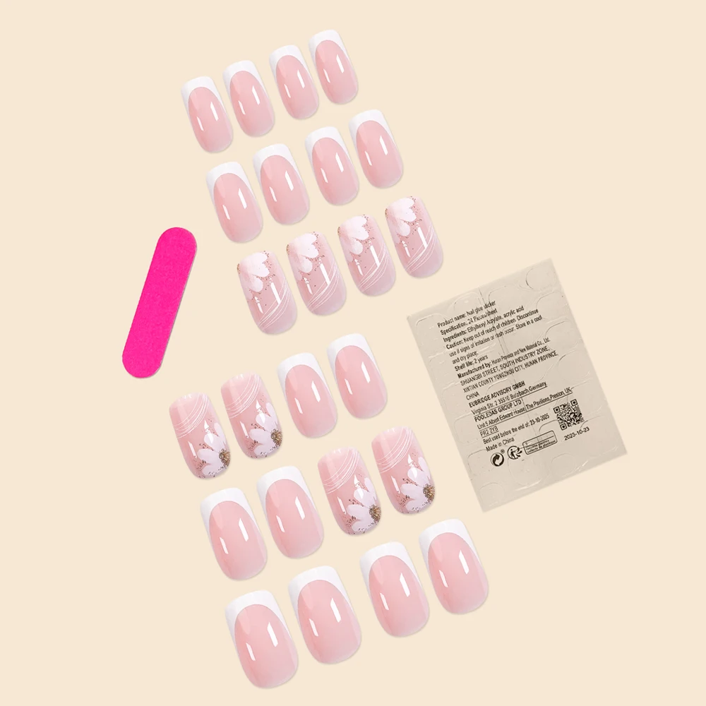 24Pcs Middle Size quare French Small White Flower Gold Glitter Powder Full Coverage Wearable Lady Fake Nails Set