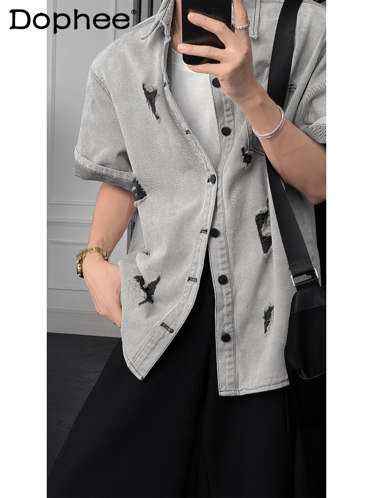 

Men's 2025 Summer New American Style Trendy Tops Male Lapel Hole Design Chic Denim Shirts Men's Loose Comfort Short-sleeve Shirt