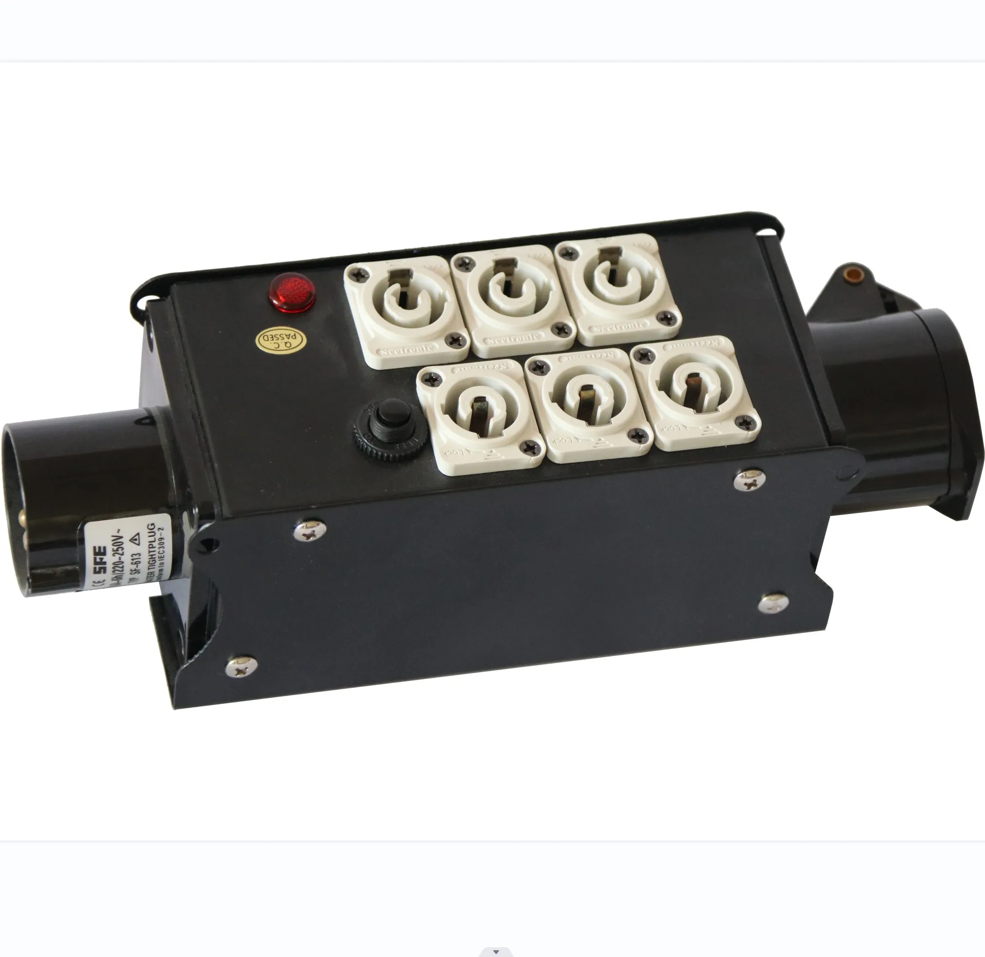 Stage lighting audio distribution box for lighting and sound