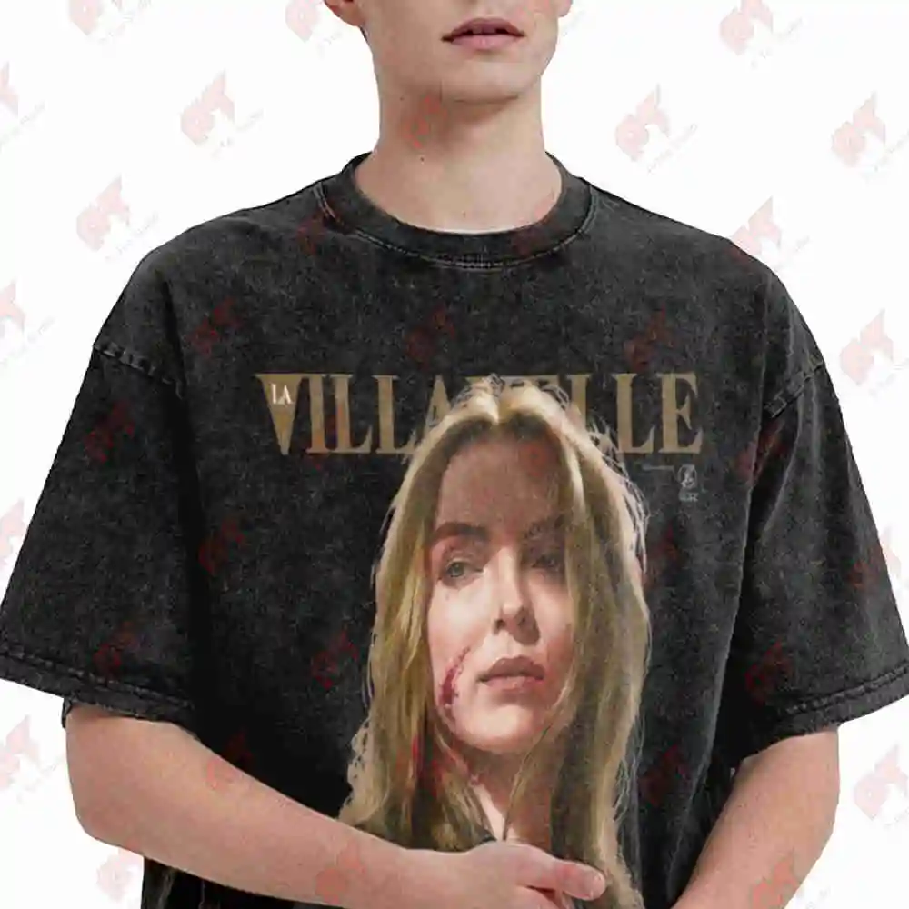 Villanelle Portrait Text Vintage Washed Tee Pure Cotton T-Shirt
