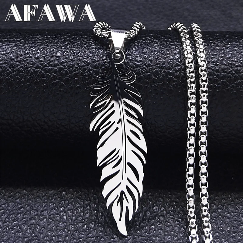 Boho Feder Anhänger Männliche Halskette für Frauen Männer Edelstahl Silber Farbe Blatt Kette Schmuck Geschenk kragen hombre N3393S01 – Detail 4