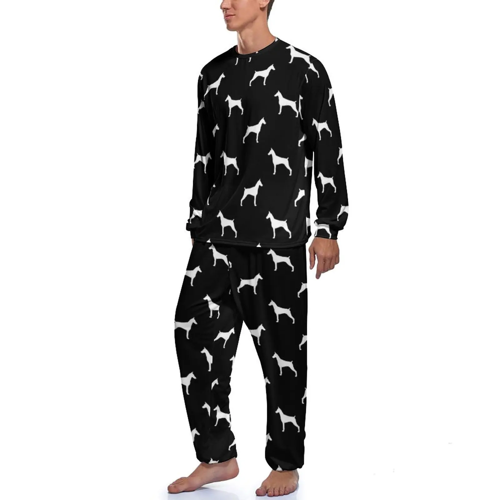 White Dog Print Pajamas Men Pinscher Silhouette Cute Sleepwear Winter Long Sleeve Two Piece Casual Graphic Pajama Sets