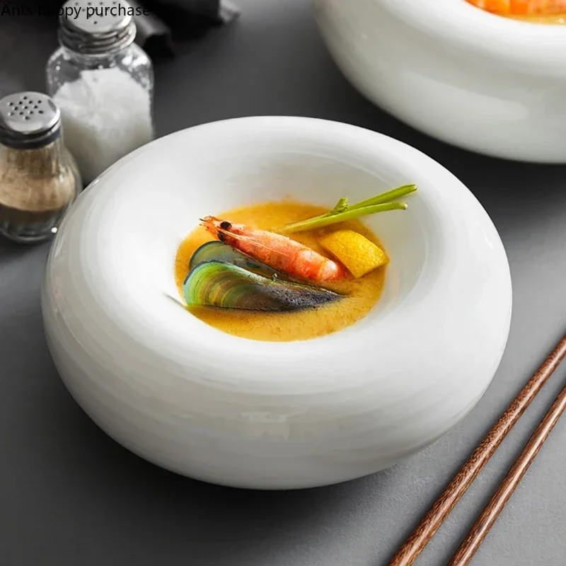 White Ceramic Dinner Plate Restaurant Decoration Tableware Dishes Round Shape Thick Bowl Fruit Salad Bowl Dessert Snack Plate