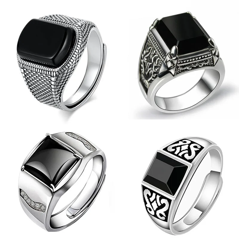 New silver advanced creative geometric diamond inlaid black agate gemstone men\'s lady domineering exaggerated adjustable ring