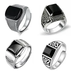 New silver advanced creative geometric diamond inlaid black agate gemstone men's lady domineering exaggerated adjustable ring