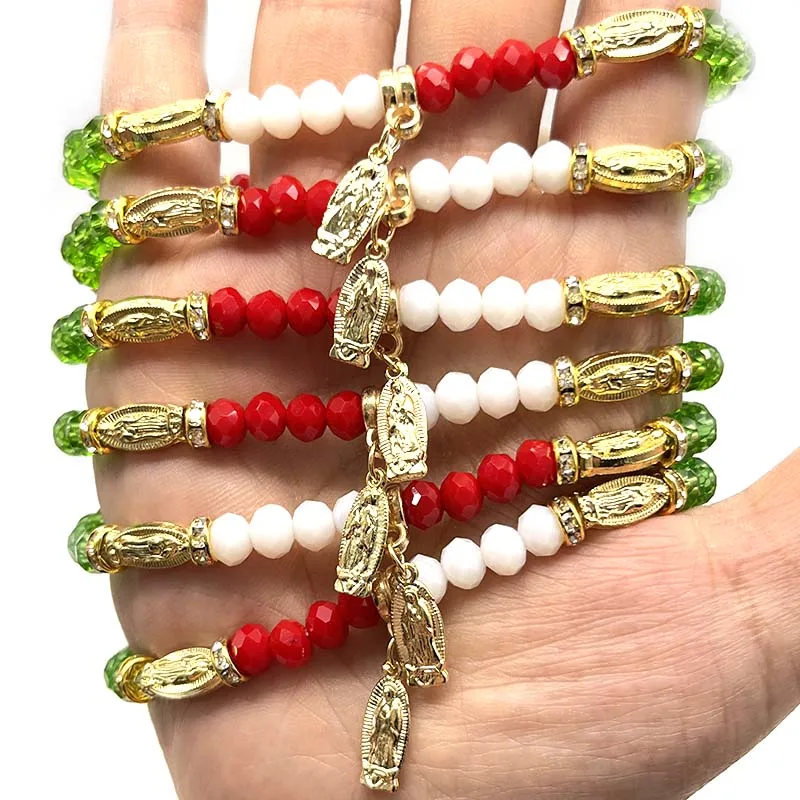 12Pcs white red green 6MM crystal alloy Virgin Mary bracelet