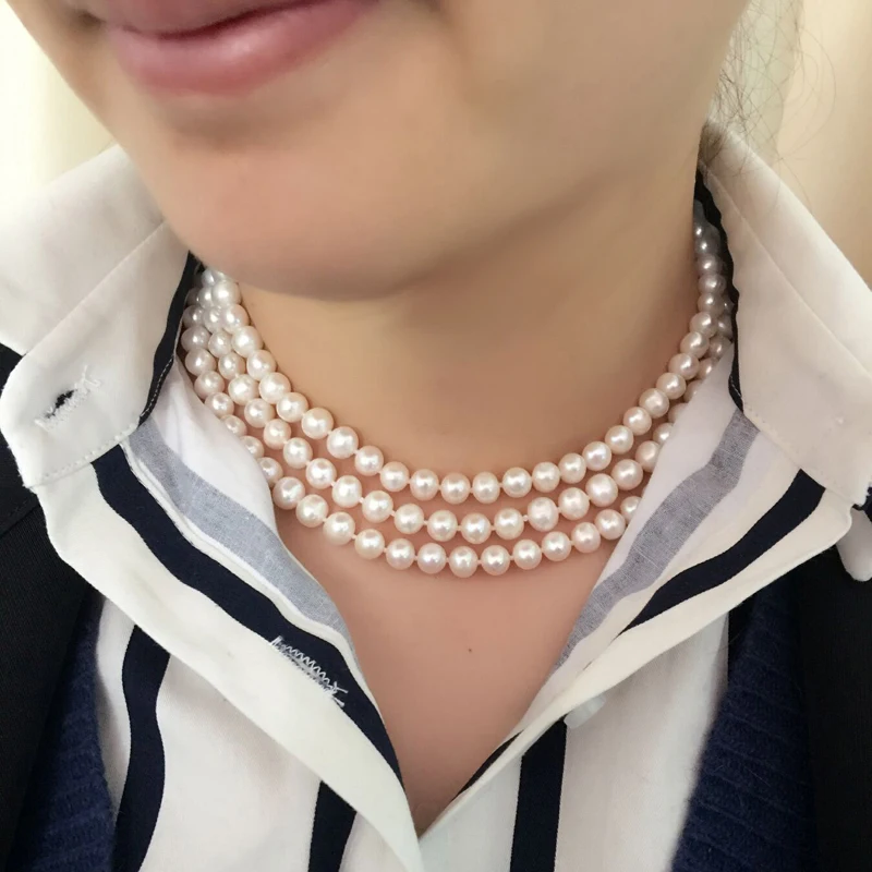 Wedding Natural Freshwater Round Multilayer Pearl Necklace Women,White Choker 925 Silver Necklace Fine Jewelry Anniversary Gift