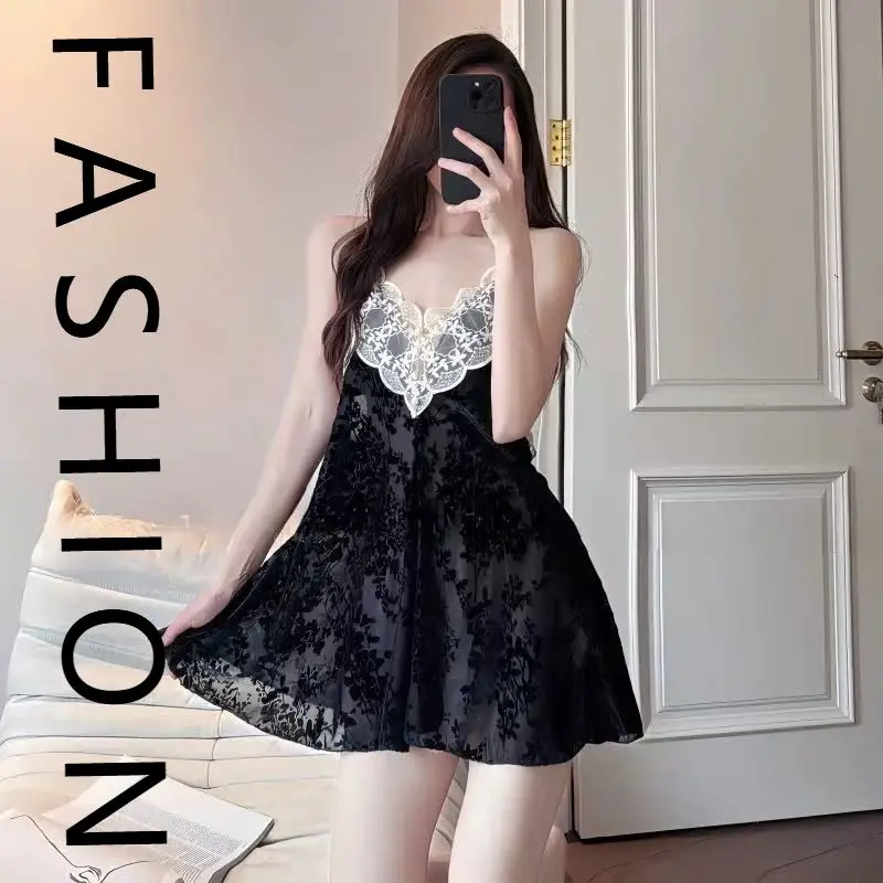 

nightgown women's summer new golden velvet burning flower hanging pajamas pure desire wind sexy lace v collar loungewear with ch