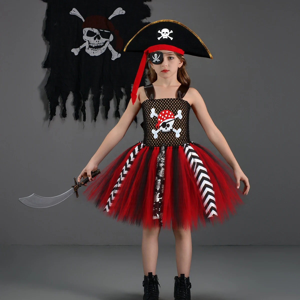 Black Red Halloween Girls Pirate Dress Cosplay Carnival Party Pirate Role Play Costume with Hat Kids Stage Performance Clothing