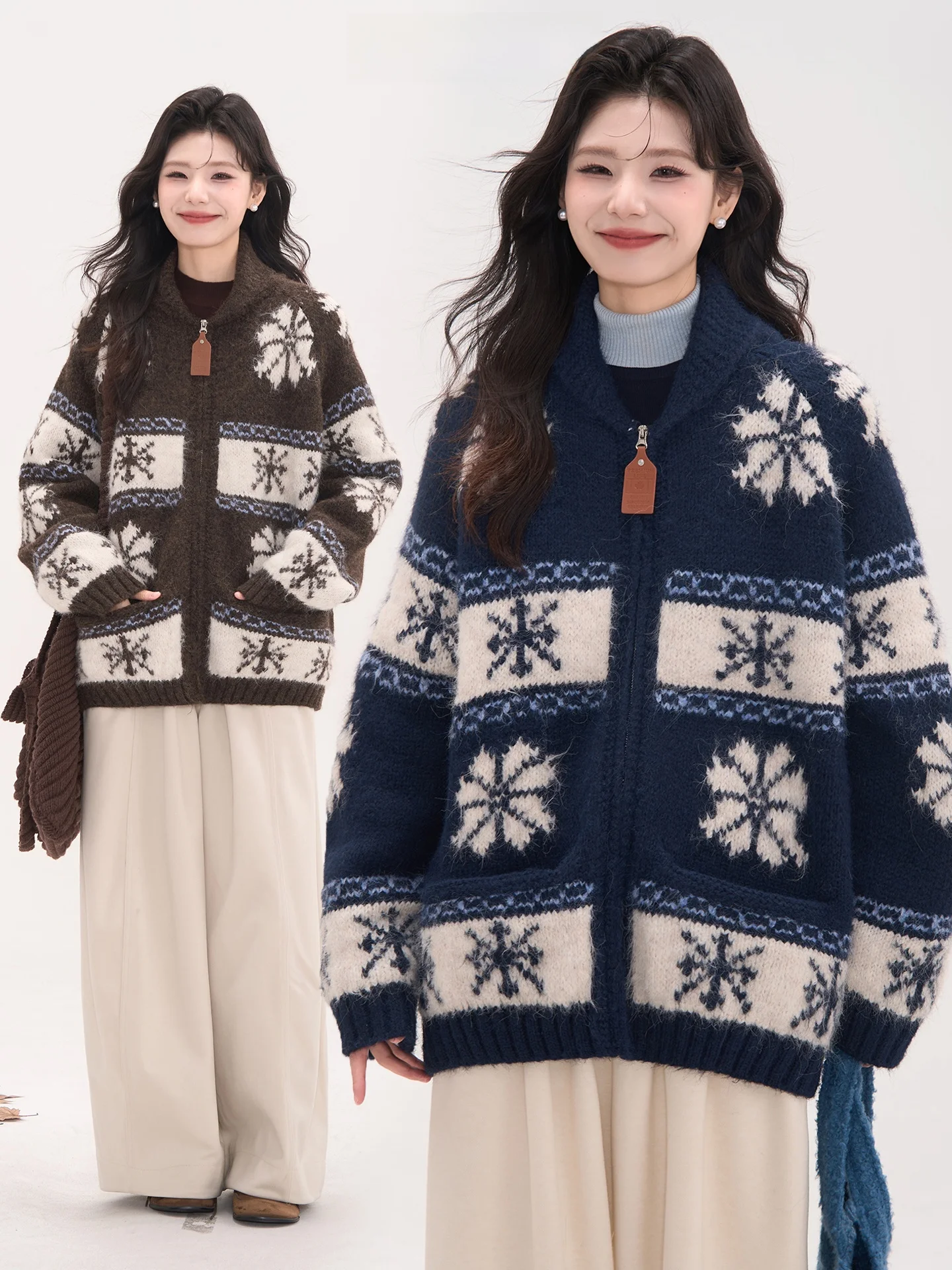 

Зимний утепленный женский вязаный свитер с воротником на молнии, с вышивкой снежинок, повседневный, комфортный, теплый, флисовая верхняя одежда