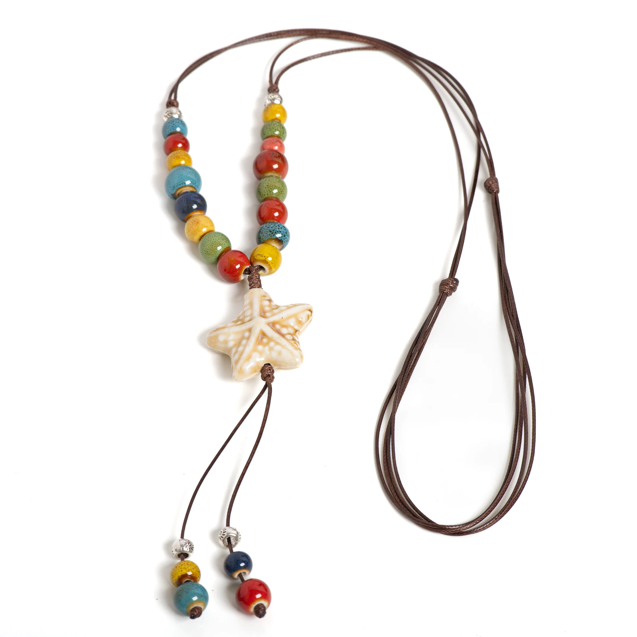 White Star Ceramic Pendant Necklace Handmade Boho Jewelry Colorful Long Adjustable Chain for Women Gifts 1112