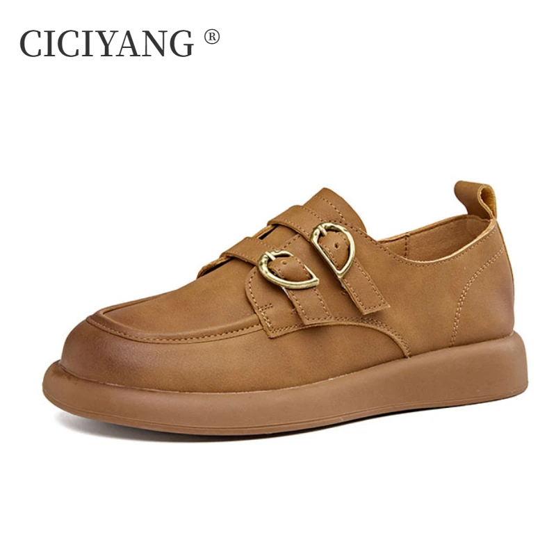 

CICIYANG Women Flats Loafers Genuine Leather 2024 Spring New British Style Ladies Metal Buckle Round Head Casual Single Shoe 40