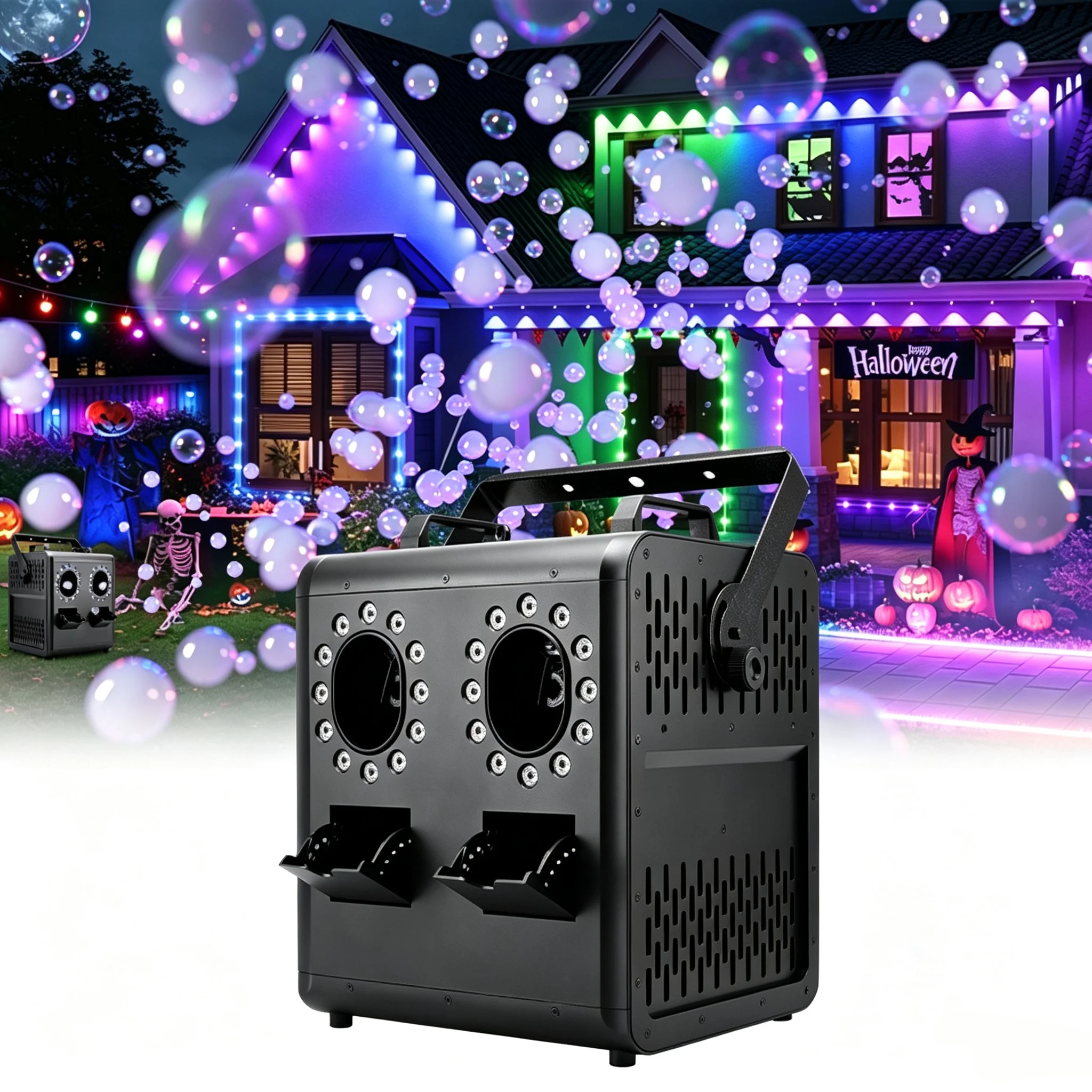 Smoke Bubble Machine Dual/Four Hole With RGB Lighting DMX Remote Control Waterproof For Stage Wedding Bar Large Event Outdoor