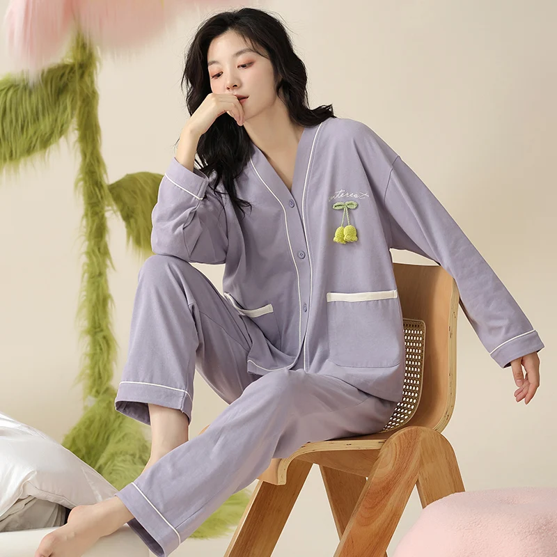 Spring and Autumn Cotton Women's Cardigan Pajamas V-neck Long Sleeve Pants Women's Autumn Home Furnishing Casual All Cotton Set