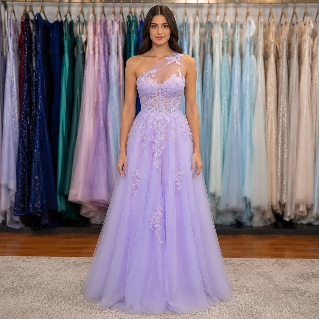 

Customized Elegant Party Dresses 2026 A line One-Shoulder Sleeveless Tulle Long Floor-Length Prom Dress with Appliqued Beading