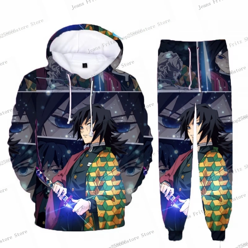 Anime demon slayer hoodies impressão 3d cosplay calças + moletom com capuz 2 pçs conjunto de treino das mulheres dos homens oversize streetwear calças com capuz conjuntos