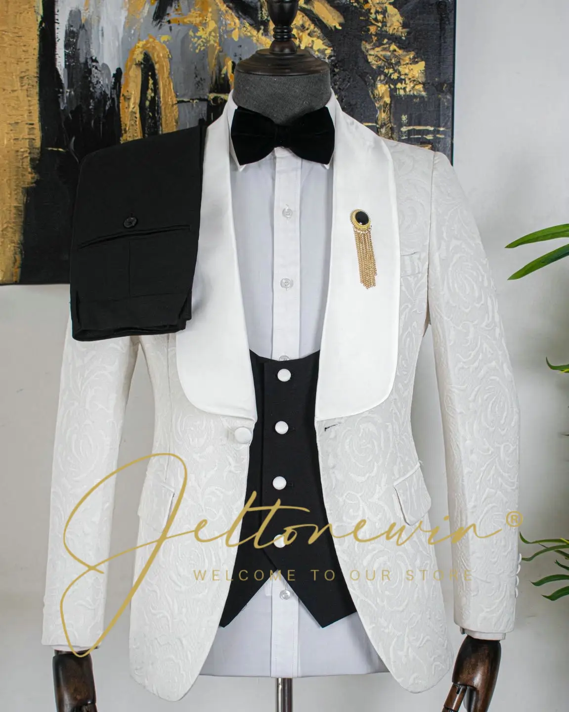 

New Design Three Piece Suit Set For Man Jacquard Pattern Shawl Lapel Slim Fit Fashion Formal Tuxedo Wear Wedding Groomsmen Suits