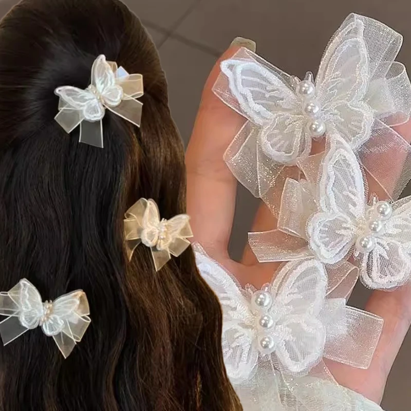 2pcs Bow Mesh Hair Clip for Girls White Pearl Lace Butterfly Hairpin Barrettes Organza Headdress Sweet Hair Accessories Gifts