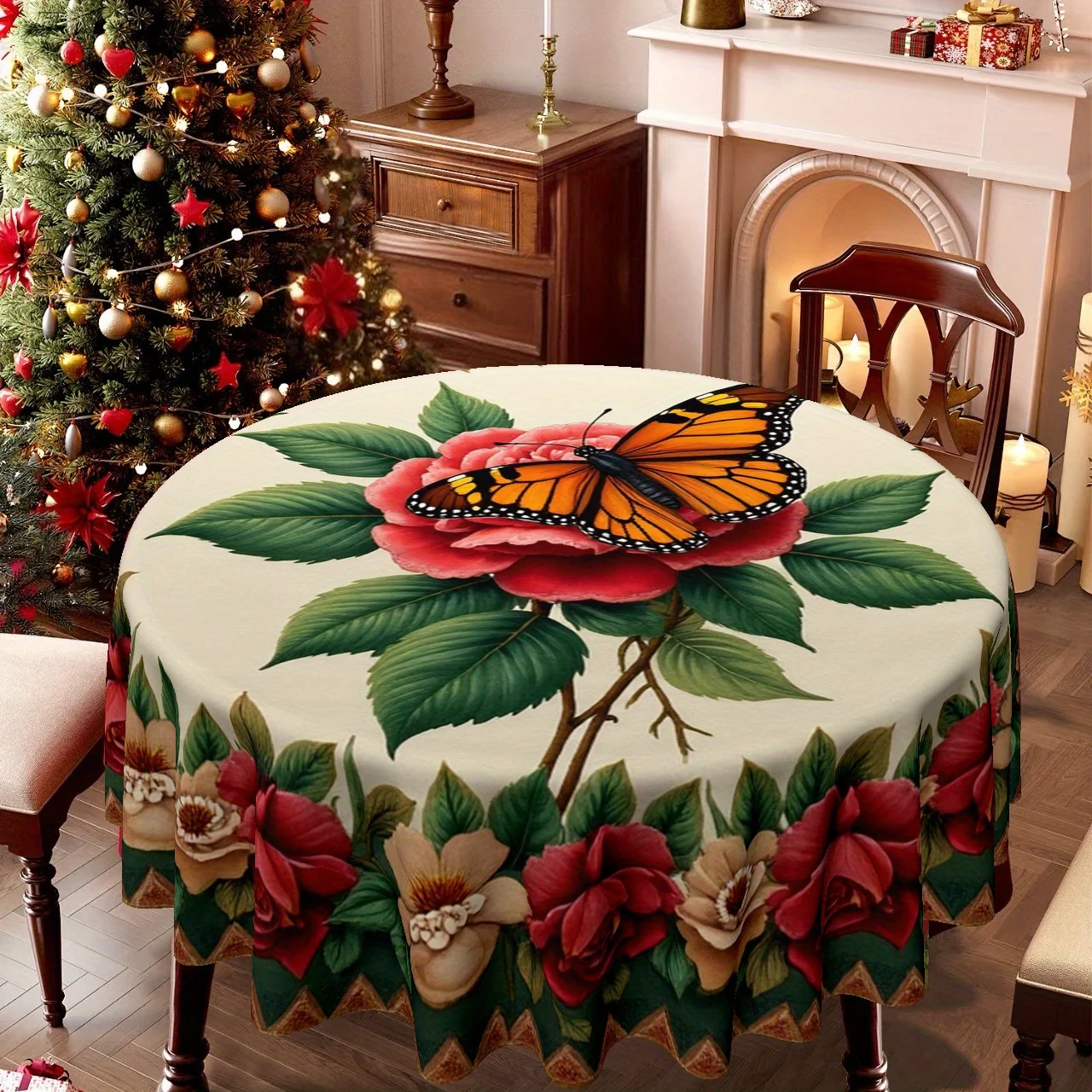 1 Christmas-themed tablecloth with floral and butterfly prints, perfect for family kitchens and dining areas