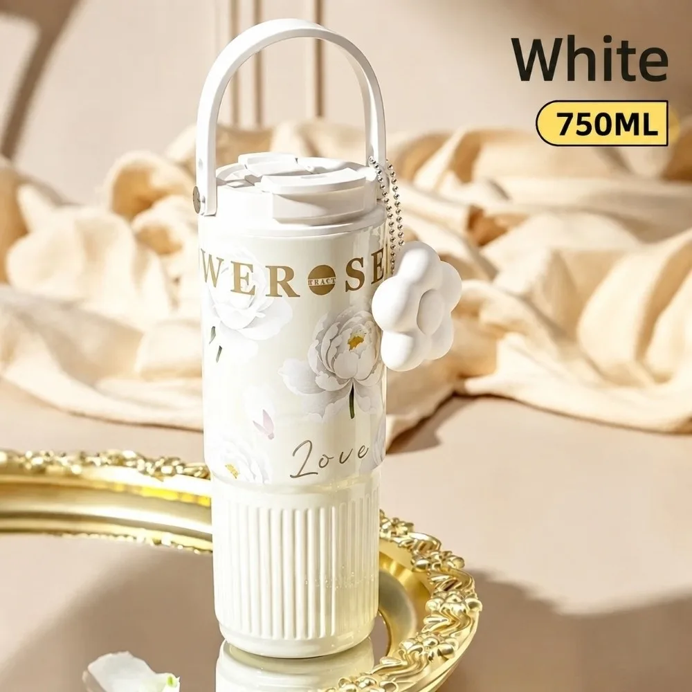 Stylish 750ML Water Bottles Leakproof Portable Stainless Steel Tumbler Floral Printing Vacuum Mug for Lady Girls