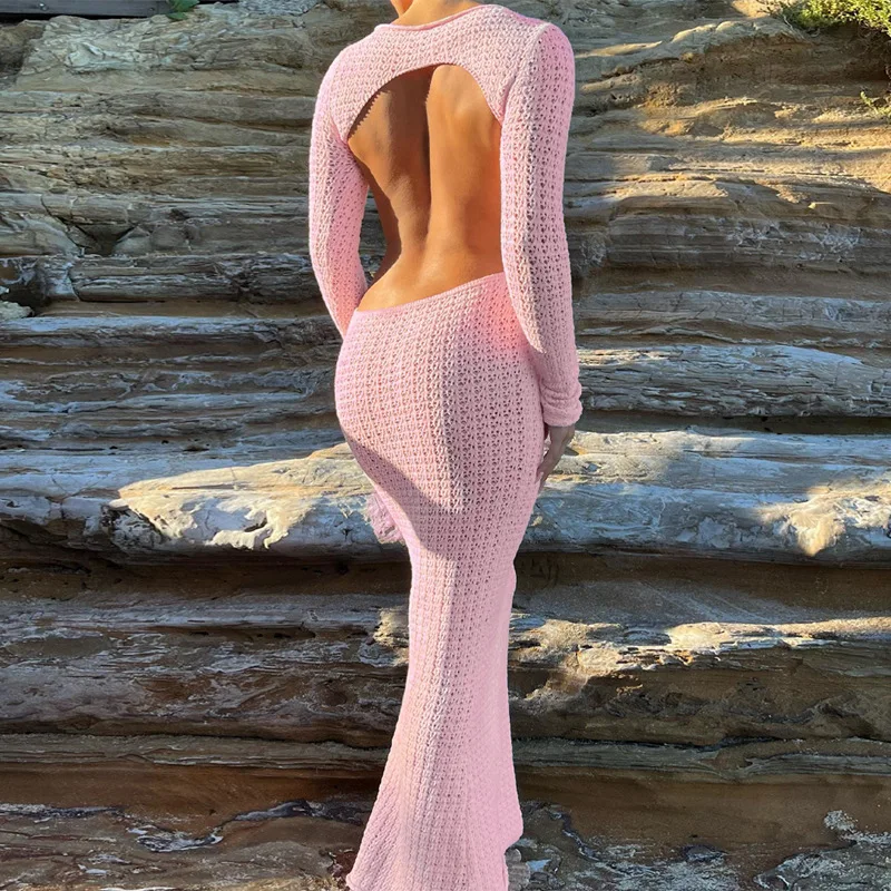 DSMTRC Lady Holidays Club Evening Outfits Elegant Long Sleeve Bodycon Party Dresses Pink Backless Knitted Maxi Dress for Women