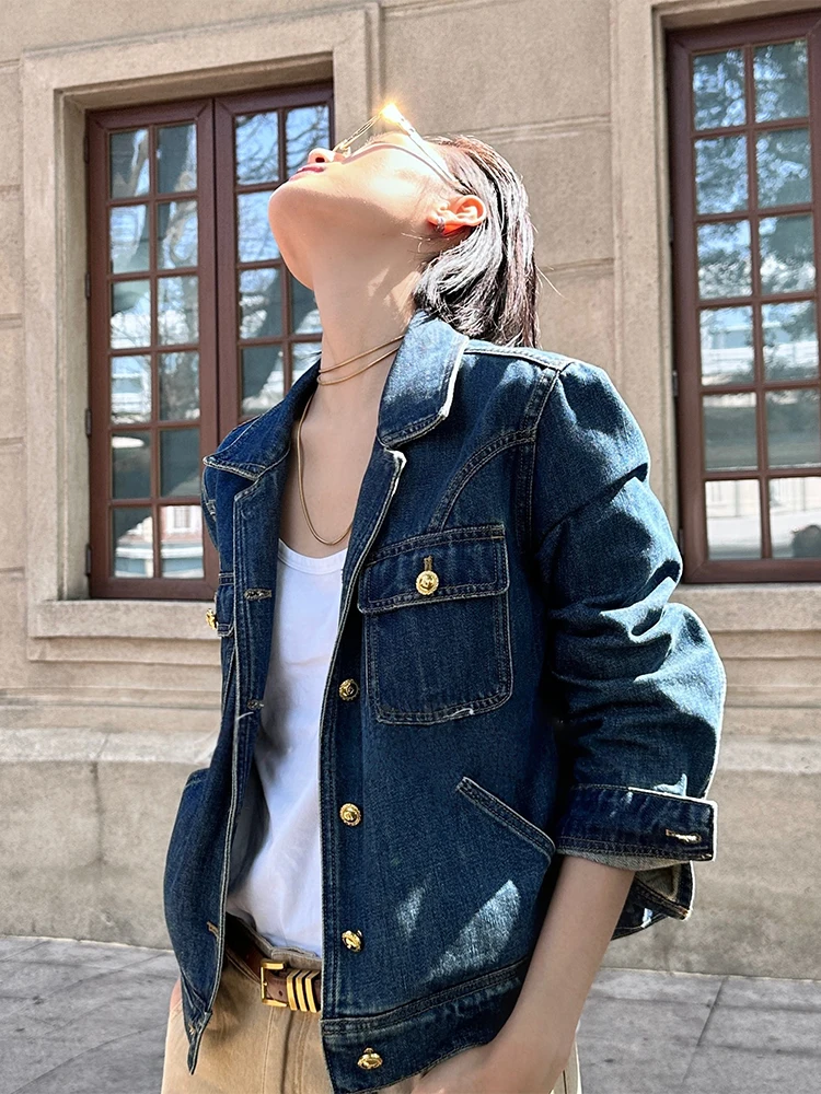 

DMX High Waist ort Denim Jaet Women's Vintage Faded Acetate Lyocell Casual Loose Fit Long Sve Button up Coat
