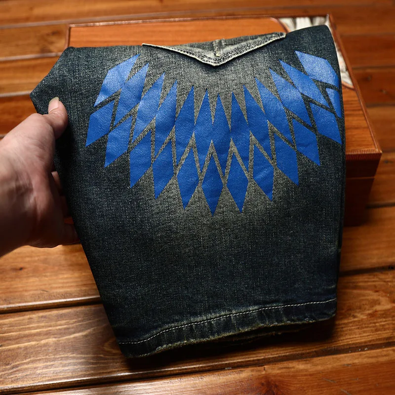 2024new retro biker's denim shorts men's fashion printed stretch slim fit hole & patch fashion brand high-end fifth pants