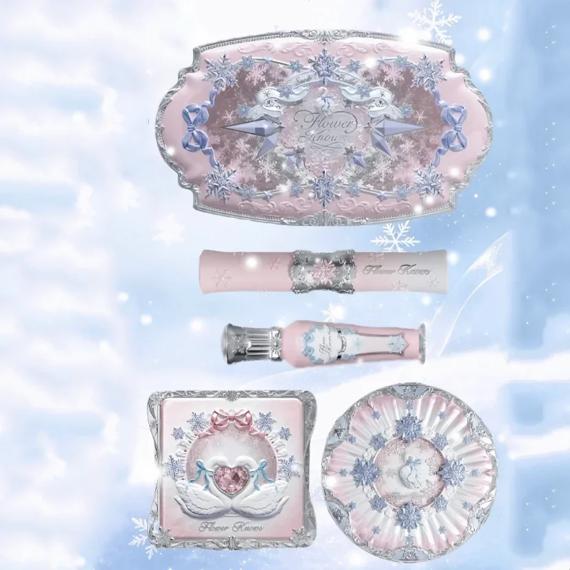 Flower Knows Snow Ballet Eyeshadow Palette,Freeze-Dried Blush & Double-Ended Lip Glaze,Setting Powder Complete Ballet Set