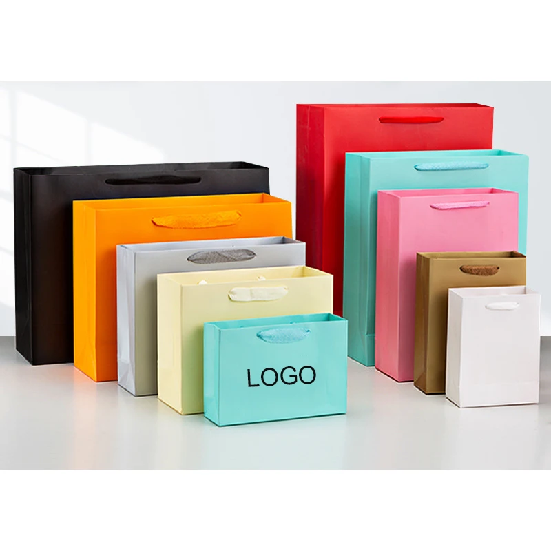 10Pcs Custom Logo Multicolor  Paper Gift Clothing Bag Candy Jewelry Bag Handle Wedding Party Handbag Shopping Bag Storage Bags