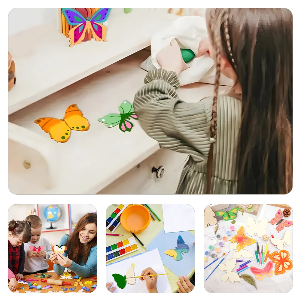 

48 Pcs Painted Decorative Wood Pieces Unfinished Craft Embellishments for Crafts Graffiti Supplies Wooden Butterfly