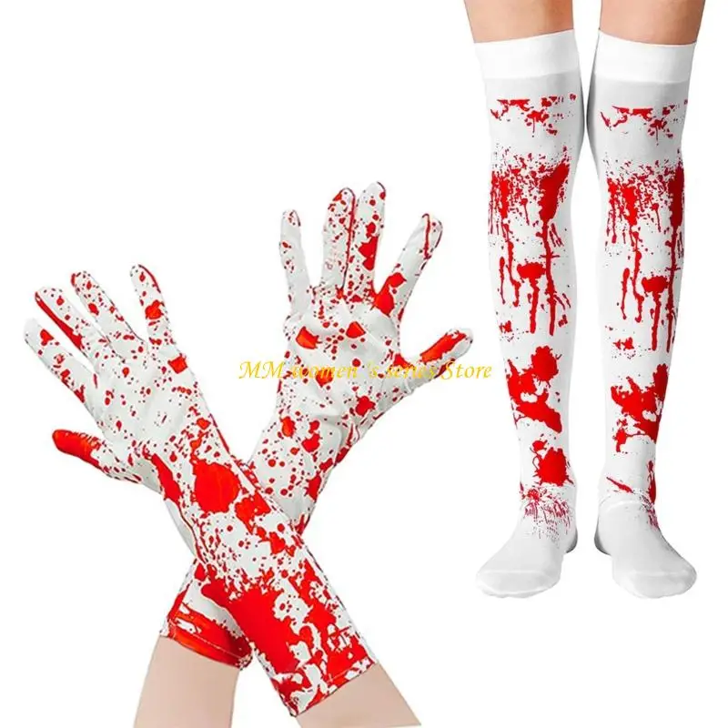 Q39C Orribili calze insanguinate Guanti schizzati sangue Calze alte calze Costume Halloween Accessorio cosplay per donna