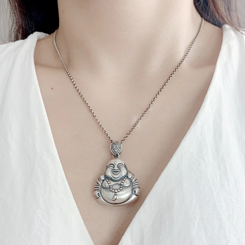 Personality Silver 925 Chain Necklace For Women Jewelry Retro Maitreya Buddha Pendnant Female Amulet Big Belly Buddha Necklace