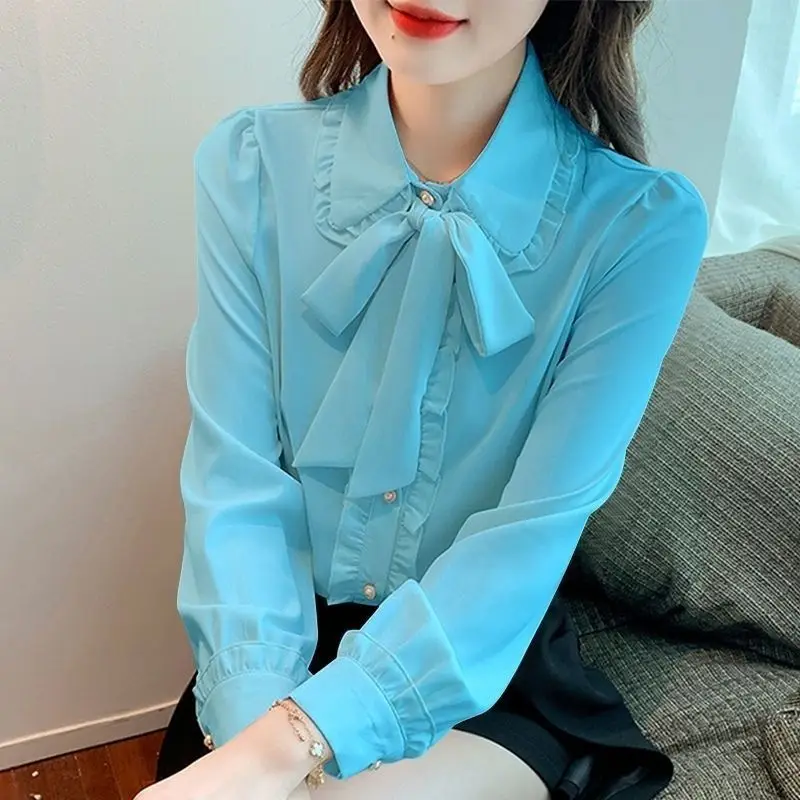 Women 2023 New Ruffles Shirt Top Design Sense Niche Long Sleeves Noble Foreign Style Luxury Temperament Loose Bowknot