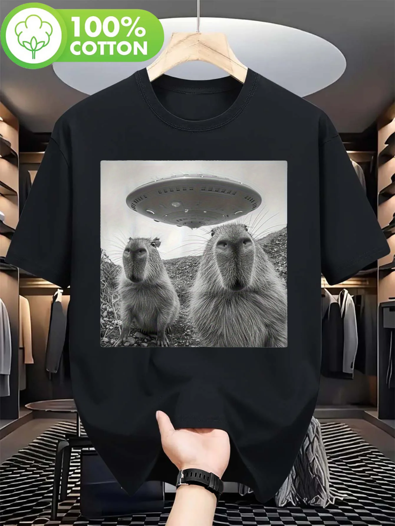 Capybara UFO Encounter Graphic Tee Men Women Funny Alien Abduction Animal Lover Short Sleeve Shirt Cotton
