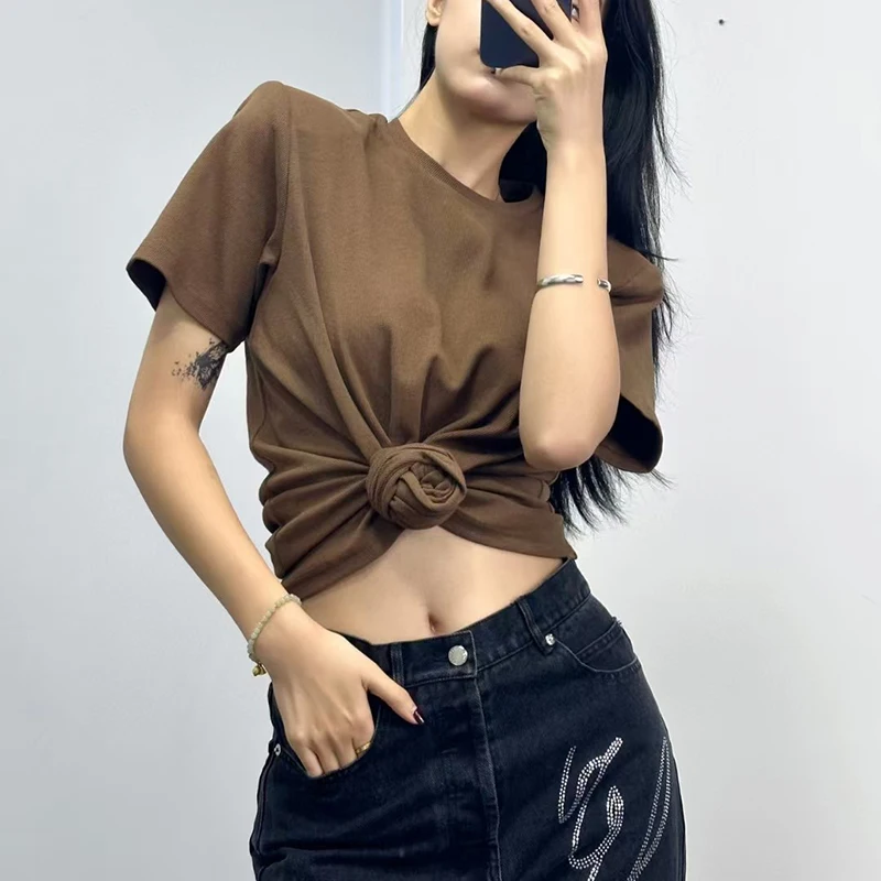 تي شيرت نسائي معقود بأزرار على شكل زهور، مبطن على الكتف وأكمام قصيرة ورقبة دائرية، قطن عالي الجودة، 2025، جديد، y2k