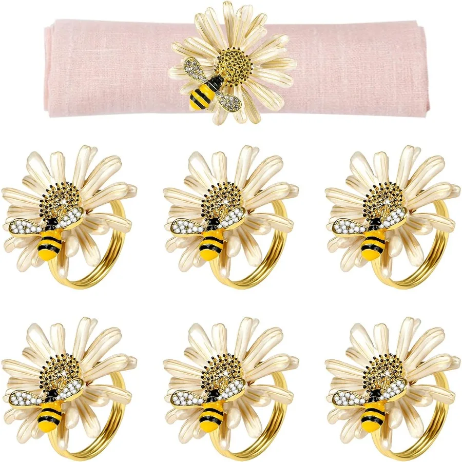 مجموعة حلقات منديل عباد الشمس من Kesote Daisy مكونة من 6 حوامل حلقة منديل النحل الذهبي لتزيين طاولة الطعام الرسمية أو غير الرسمية