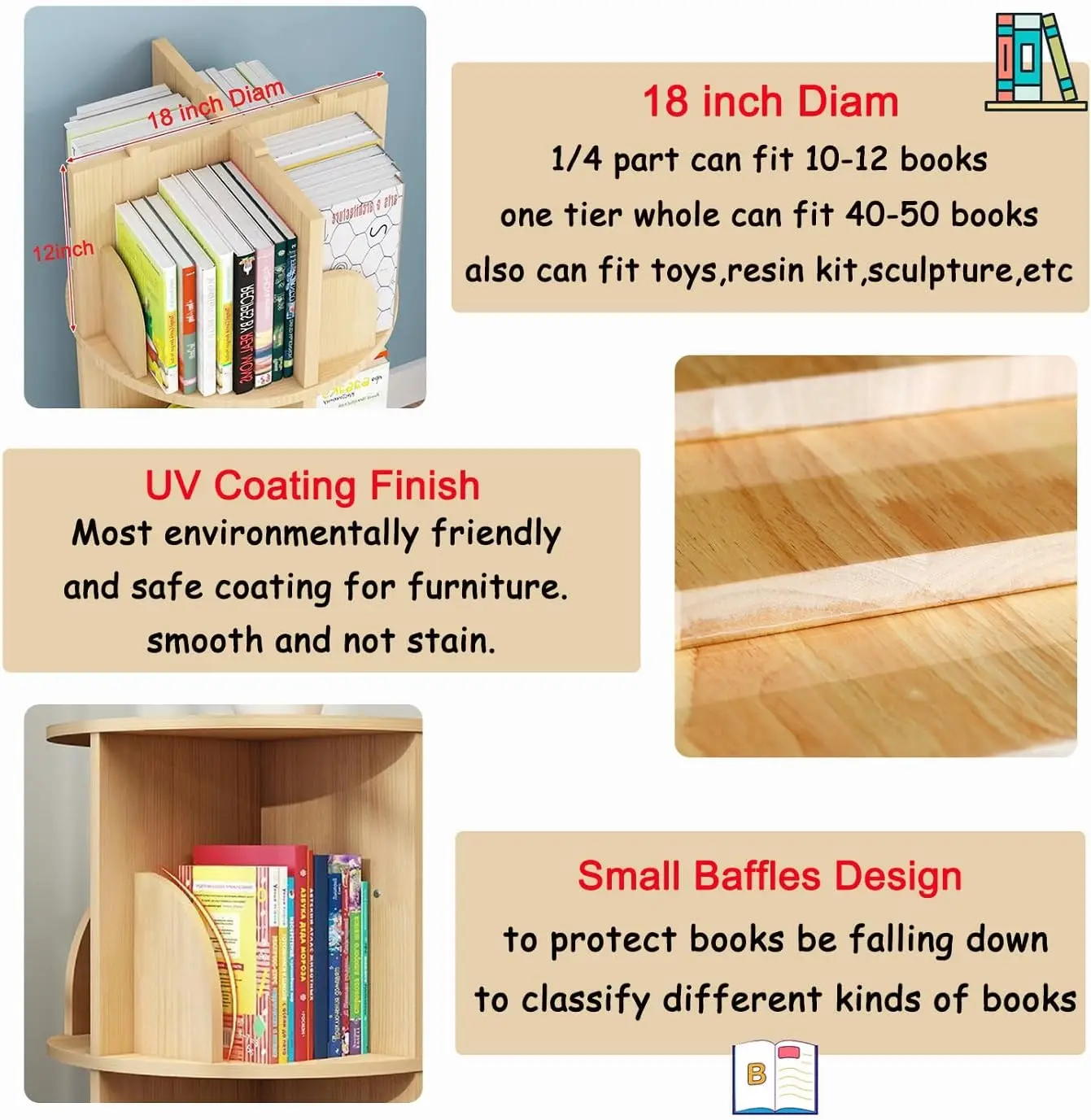 Tier Rotating Bookshelf with Legs, Revolving Bookcase Standing Kids Rotating Bookshelf Wood Bookcase Round Bookshelf 360 Display