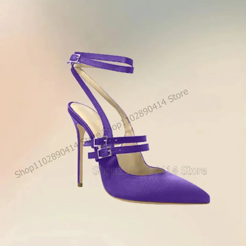 Rosa vermelha fivela decoração rasa apontou toe bombas tornozelo fivela cinta sapatos femininos finos saltos altos moda 2024 zapatos para mujere