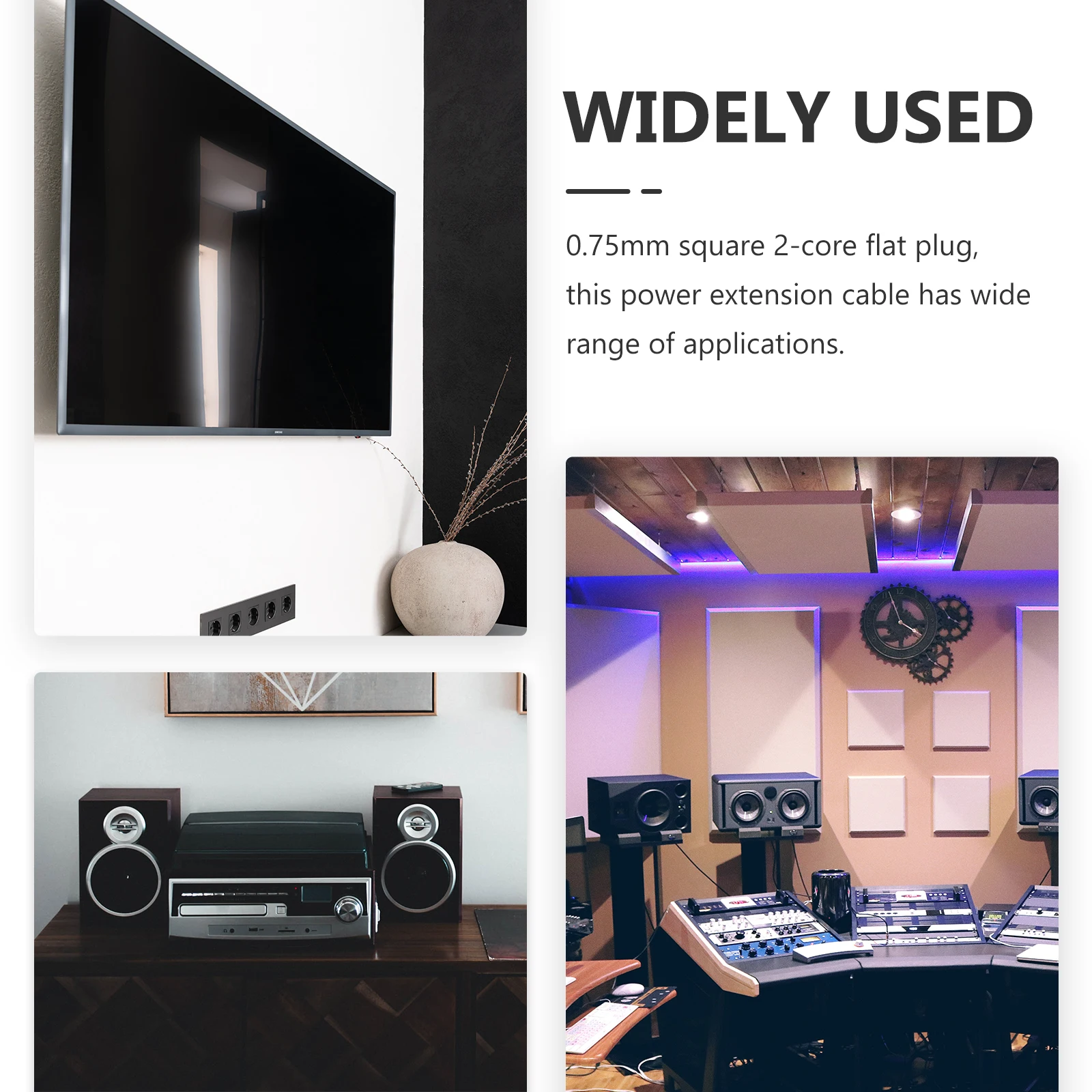 

Power Extension 1.5m AC Cord 0.75mm Square Power Cord Extension 2-Core Flat Plug Durable PVC Copper Gaming Console Wire