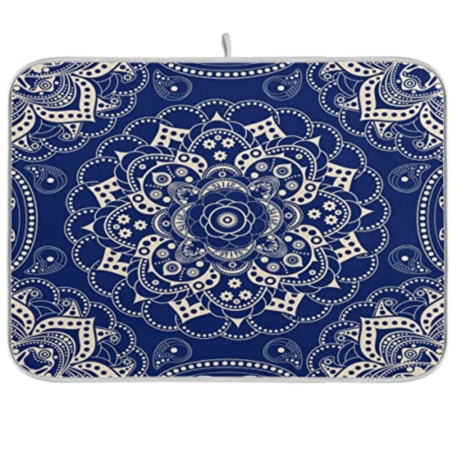 

Boho Ethnic Bohemian Indian Mandala Paisley Rustic Dish Drying Mat for Kitchen Blue White Microfiber Drying Mats Absorbent Reve